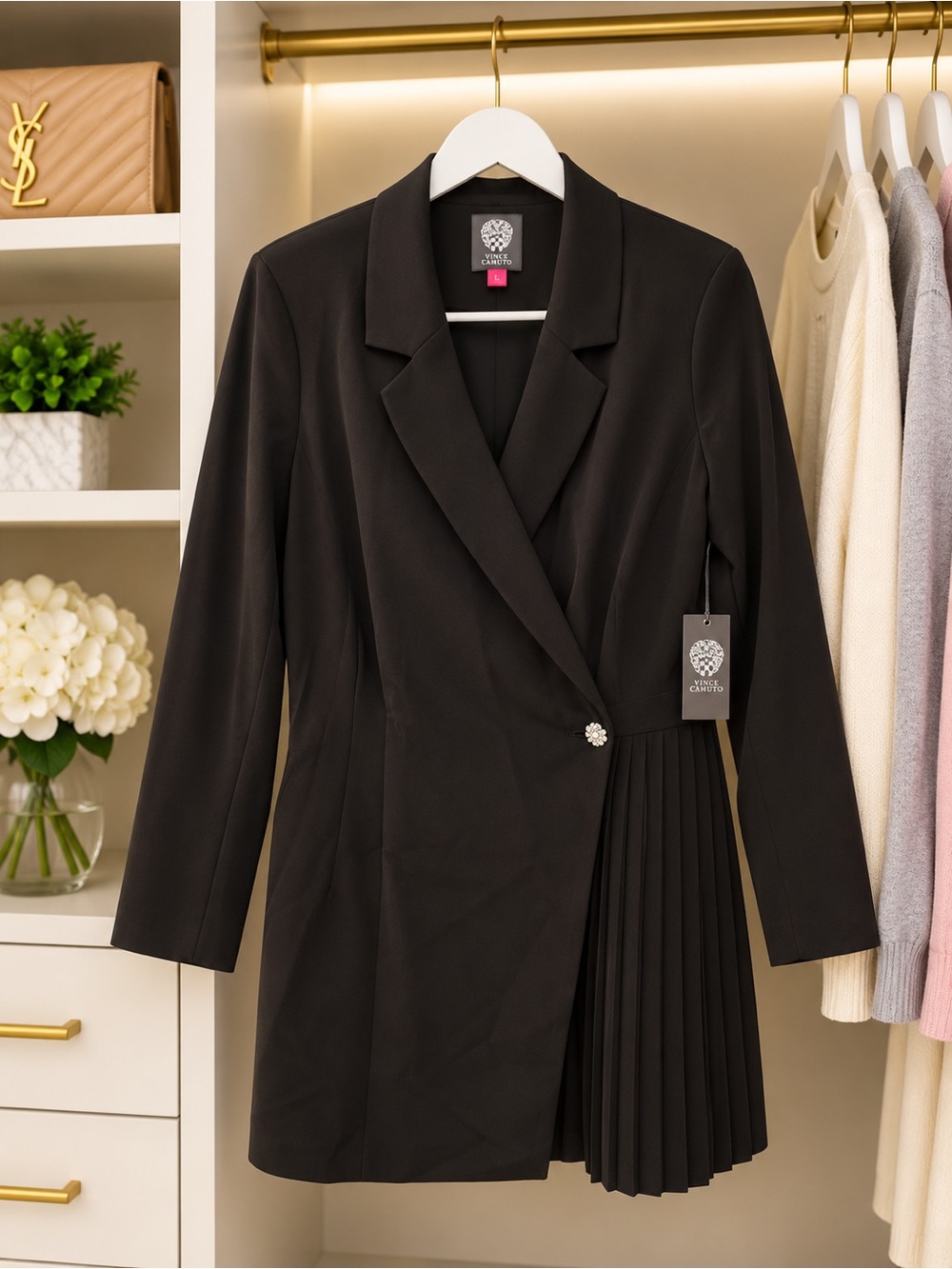 Vince Camuto Women’s Black Pleated-Accent Blazer Coat Dress
